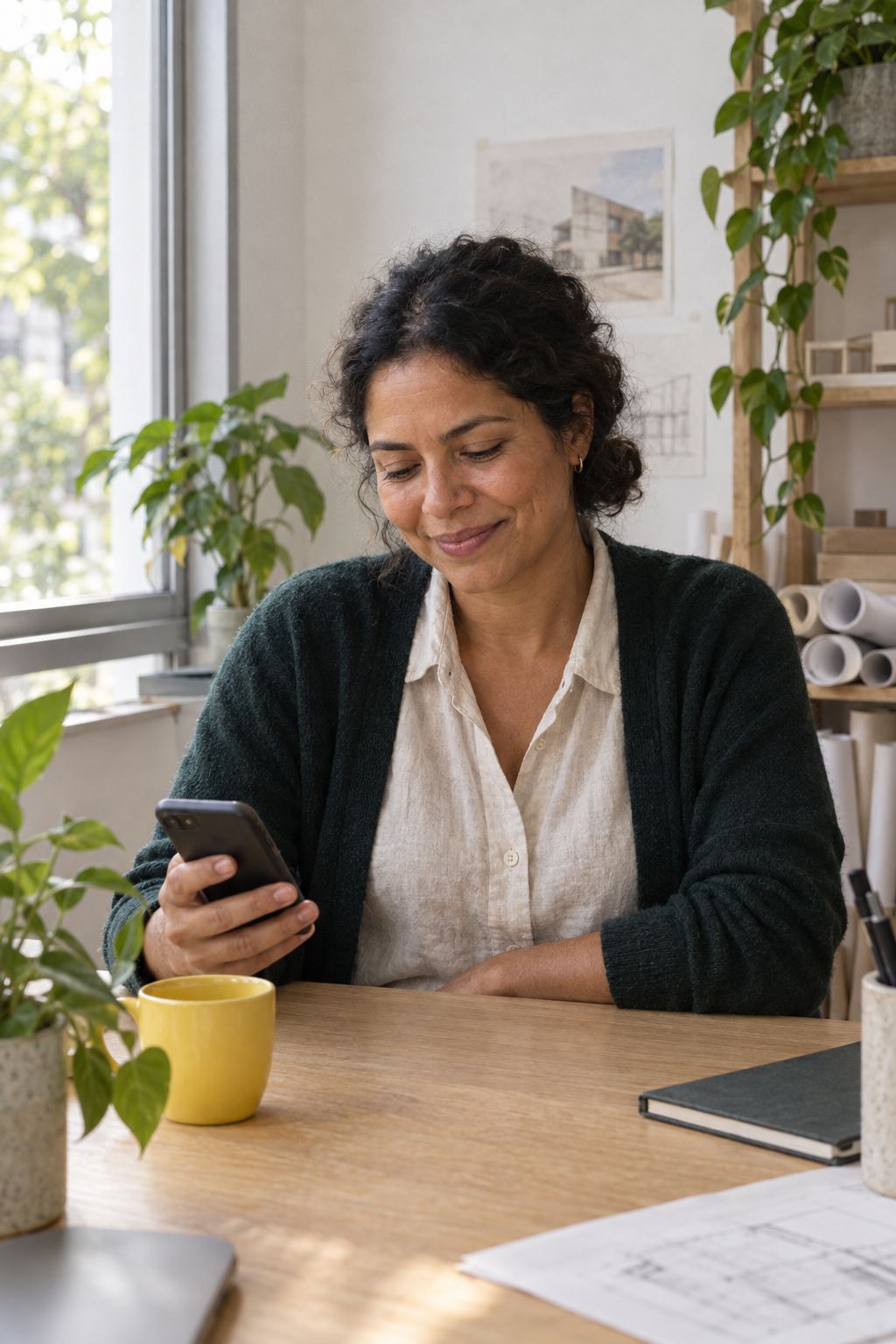 Mulher sentada à mesa de um pequeno escritório de arquitetura, olhando o celular com um sorriso tranquilo, luz natural da janela e plantas ao fundo.