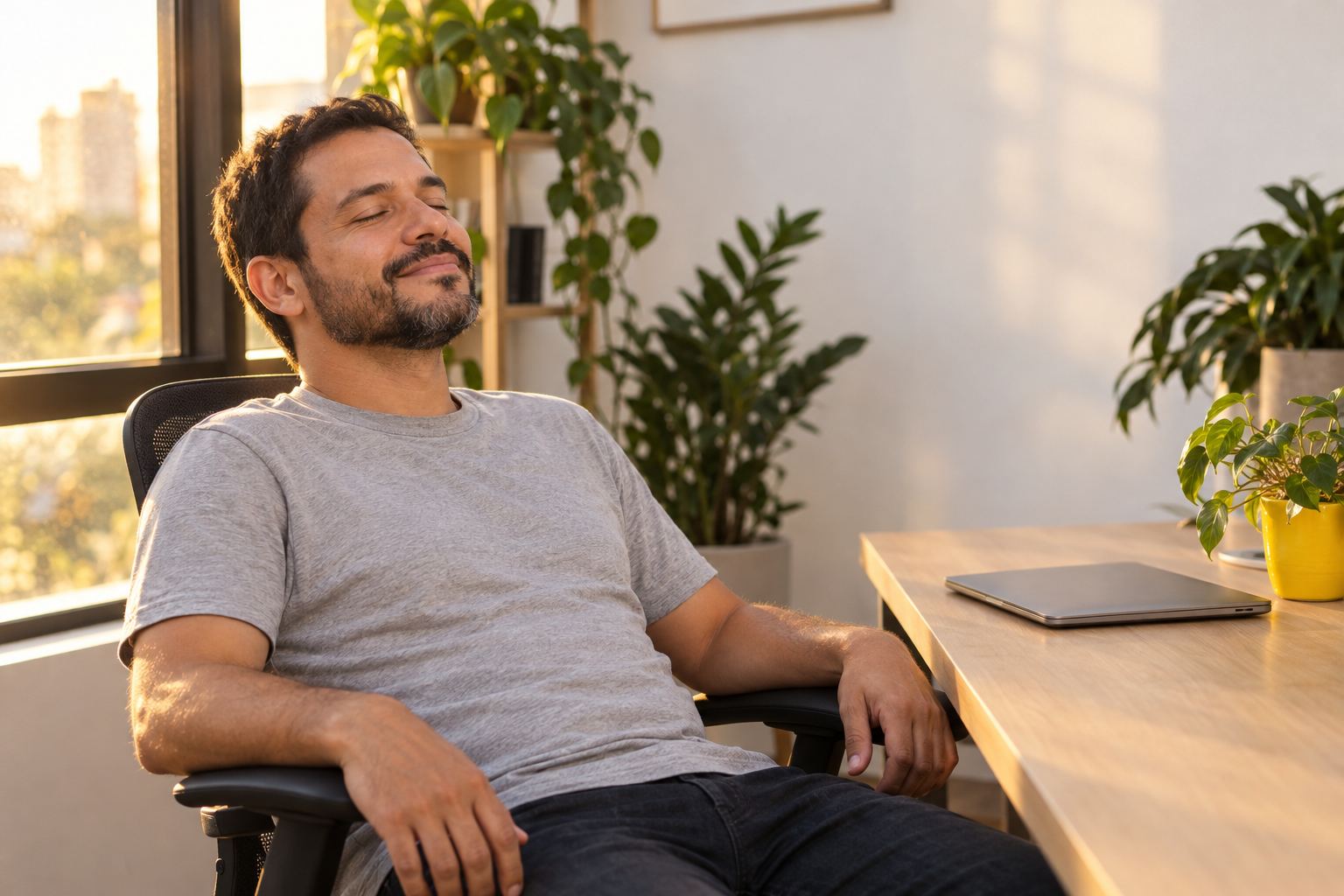 Homem recostado na cadeira do escritório no fim do dia, olhos fechados e sorriso calmo, luz dourada entrando pela janela e notebook fechado sobre a mesa.