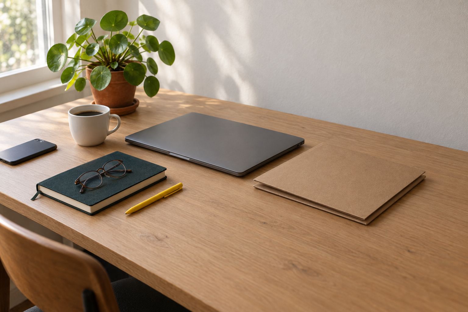 Mesa de trabalho organizada sob luz da manhã: notebook fechado, pastas alinhadas, caderno verde-escuro com óculos de leitura, caneta amarela, xícara de café e uma pequena planta.